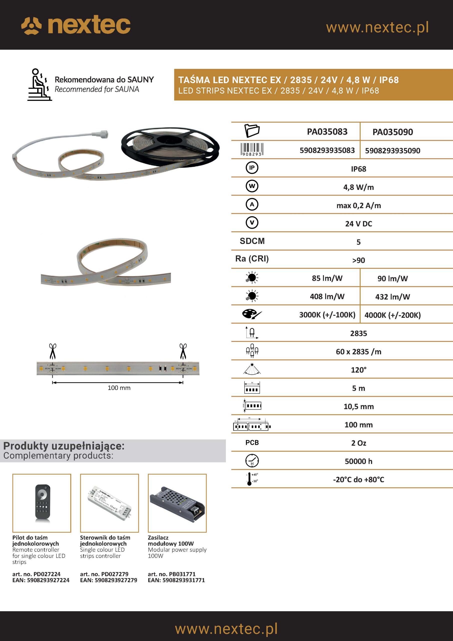LED Strip NEXTEC 3000K 4.8W/m 60LED/m 24V IP68 PA035083 (LS58)