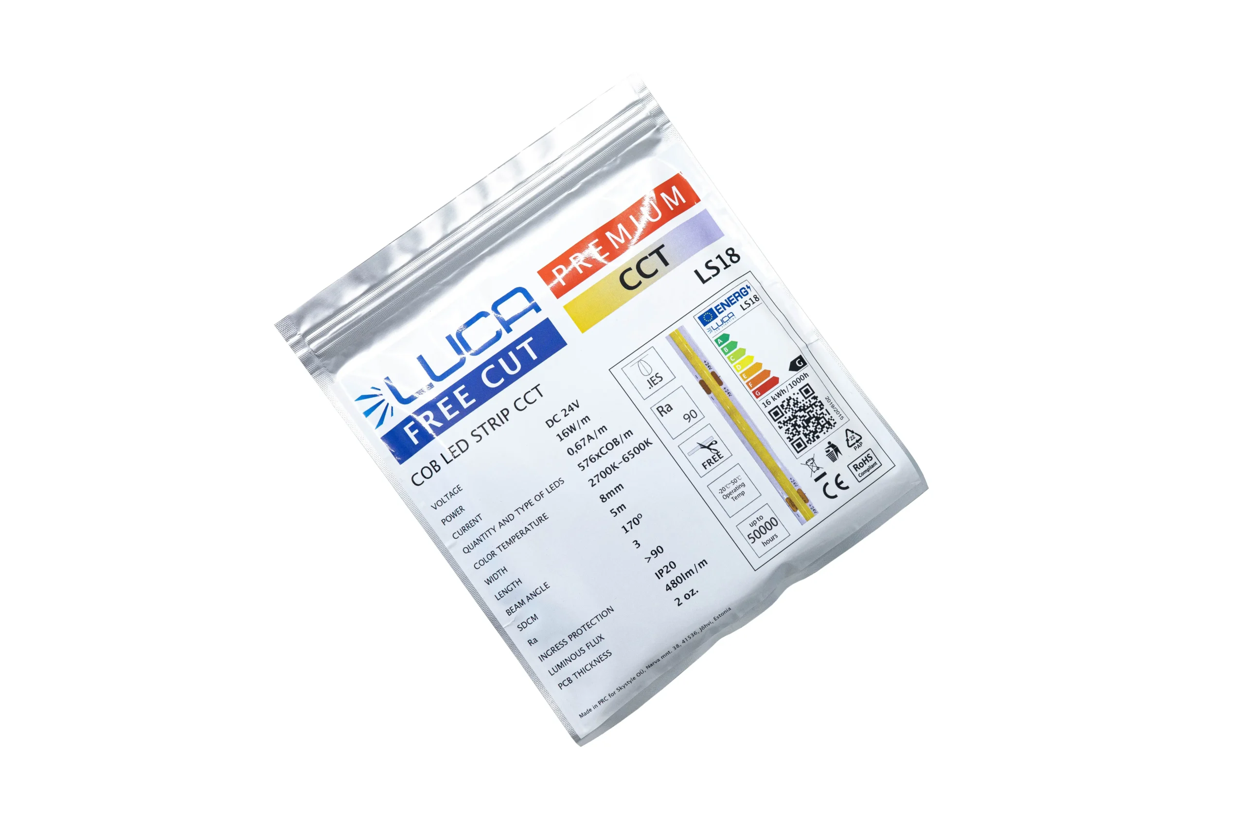 LUCA COB LED Strip FREE CUT CCT 2700K–6500K 16W/m IP20 480lm/m (LS18)