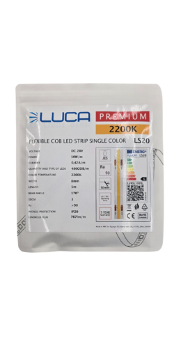 COB LED Лента LUCA 8мм 2200K 10W/m 480хCOB/m 24V IP20 (LS20)