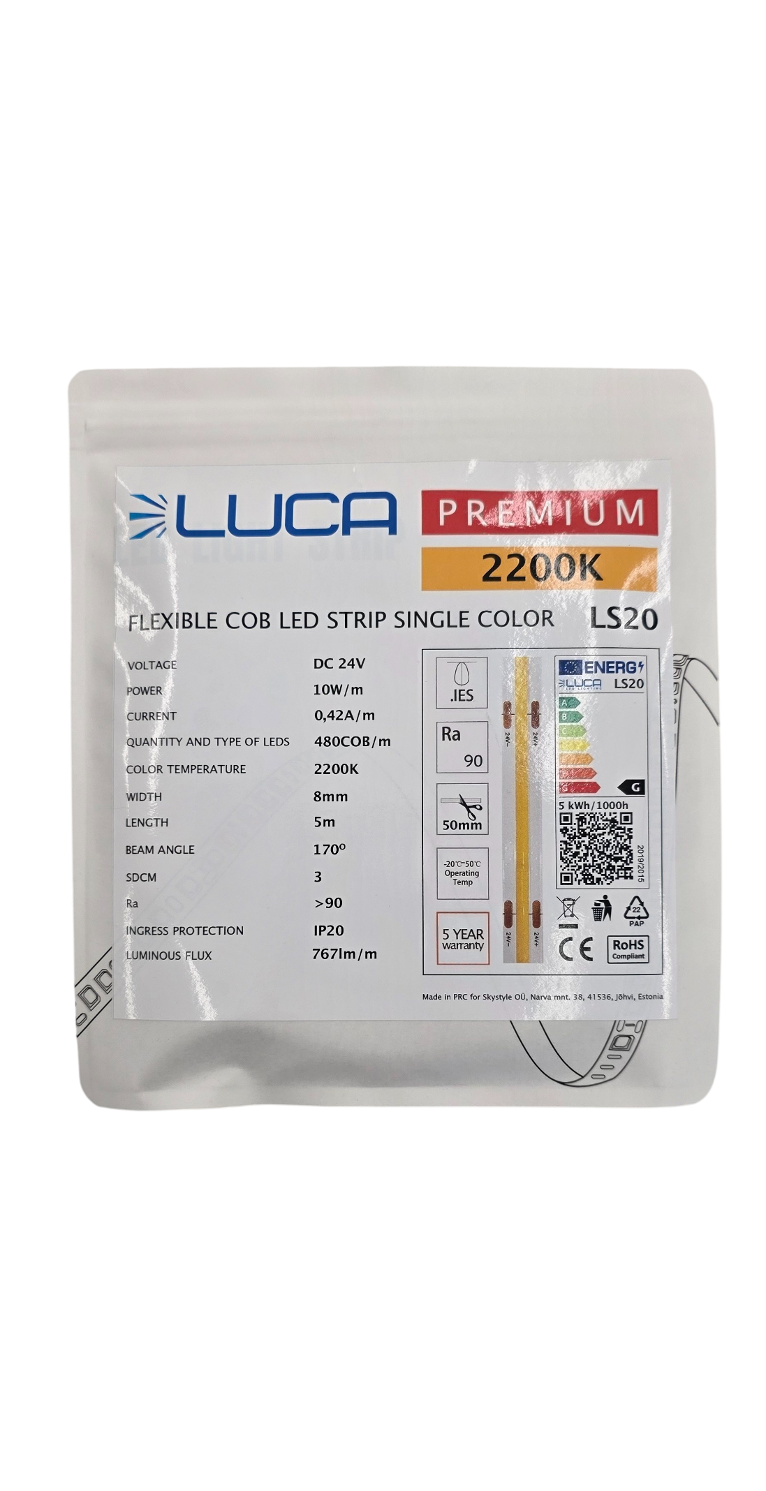 COB LED Лента LUCA 8мм 2200K 10W/m 480хCOB/m 24V IP20 (LS20) — изображение 4