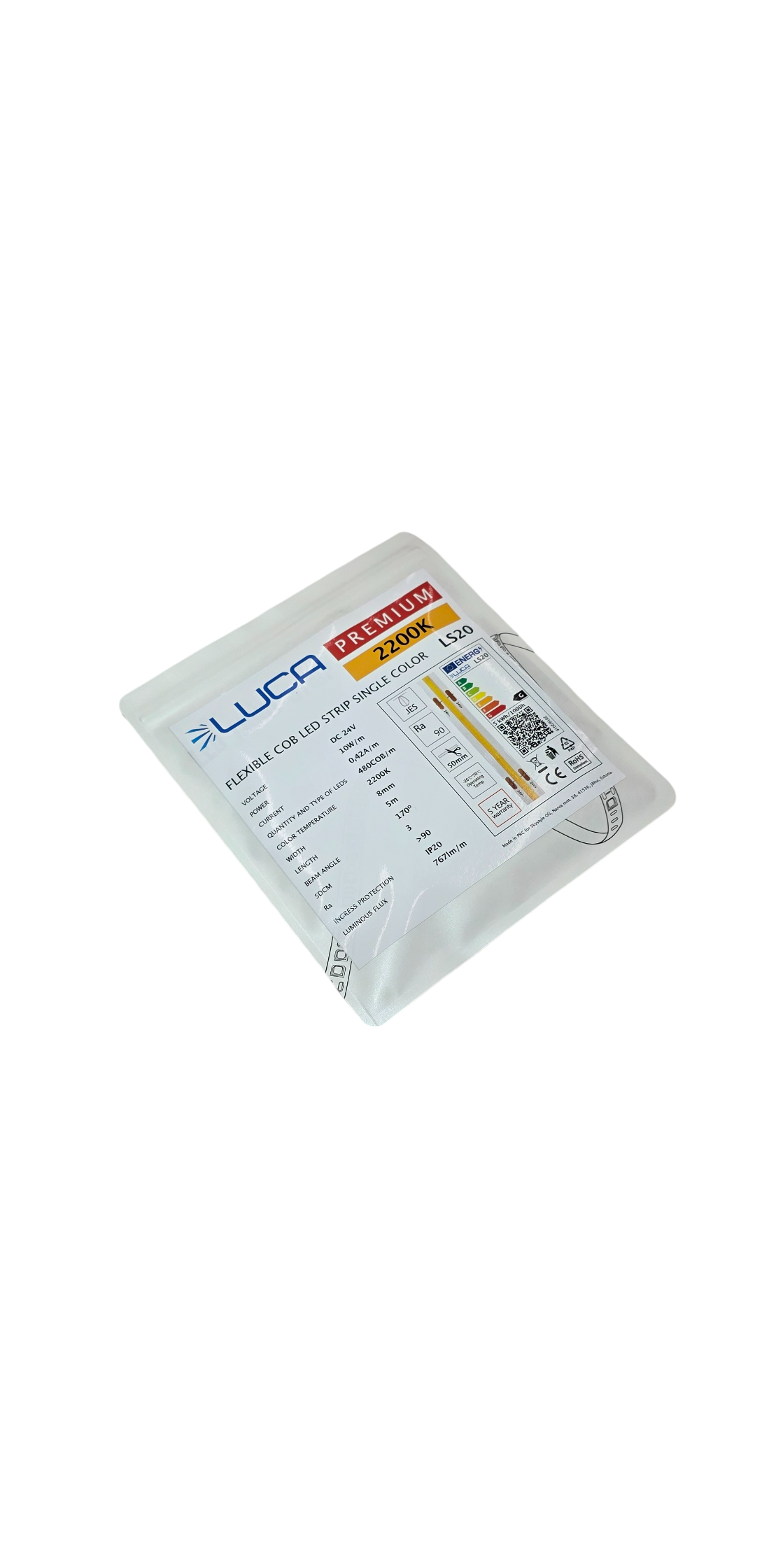 COB LED Лента LUCA 8мм 2200K 10W/m 480хCOB/m 24V IP20 (LS20)