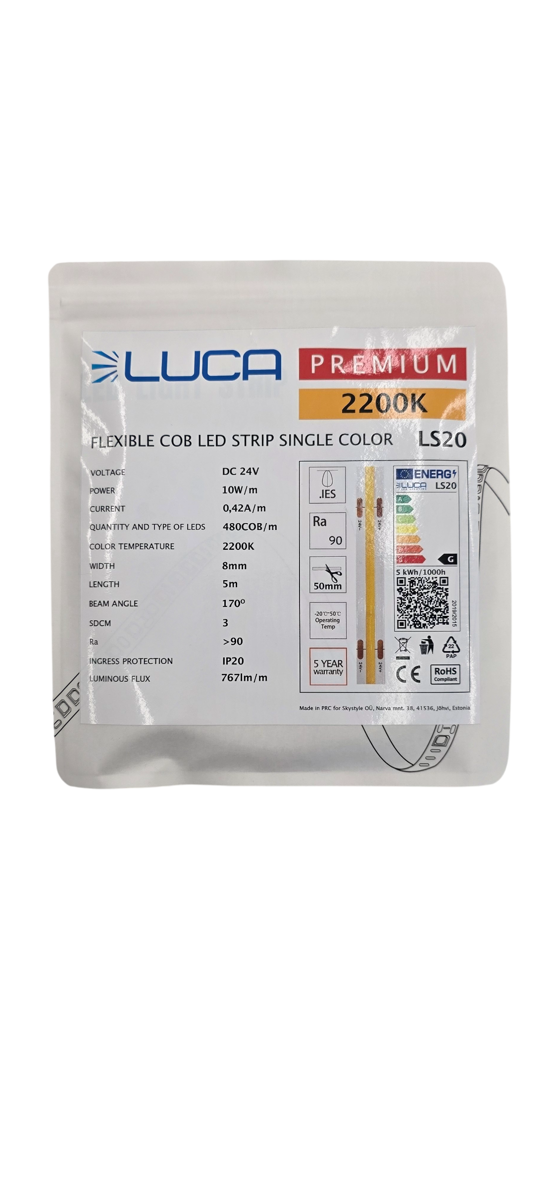 COB LED Лента LUCA 2200K 10W/m 480хCOB/m 24V IP20 (LS20) — изображение 5
